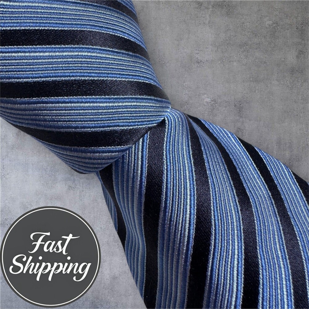 LANVIN PARIS MADE IN FRANCE Tie Striped 100% Silk Necktie Blue/Navy